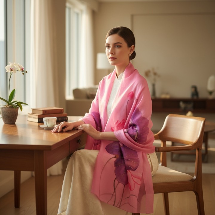 Lotus pink ramie scarf hand-painted with lotus 70*190cm
